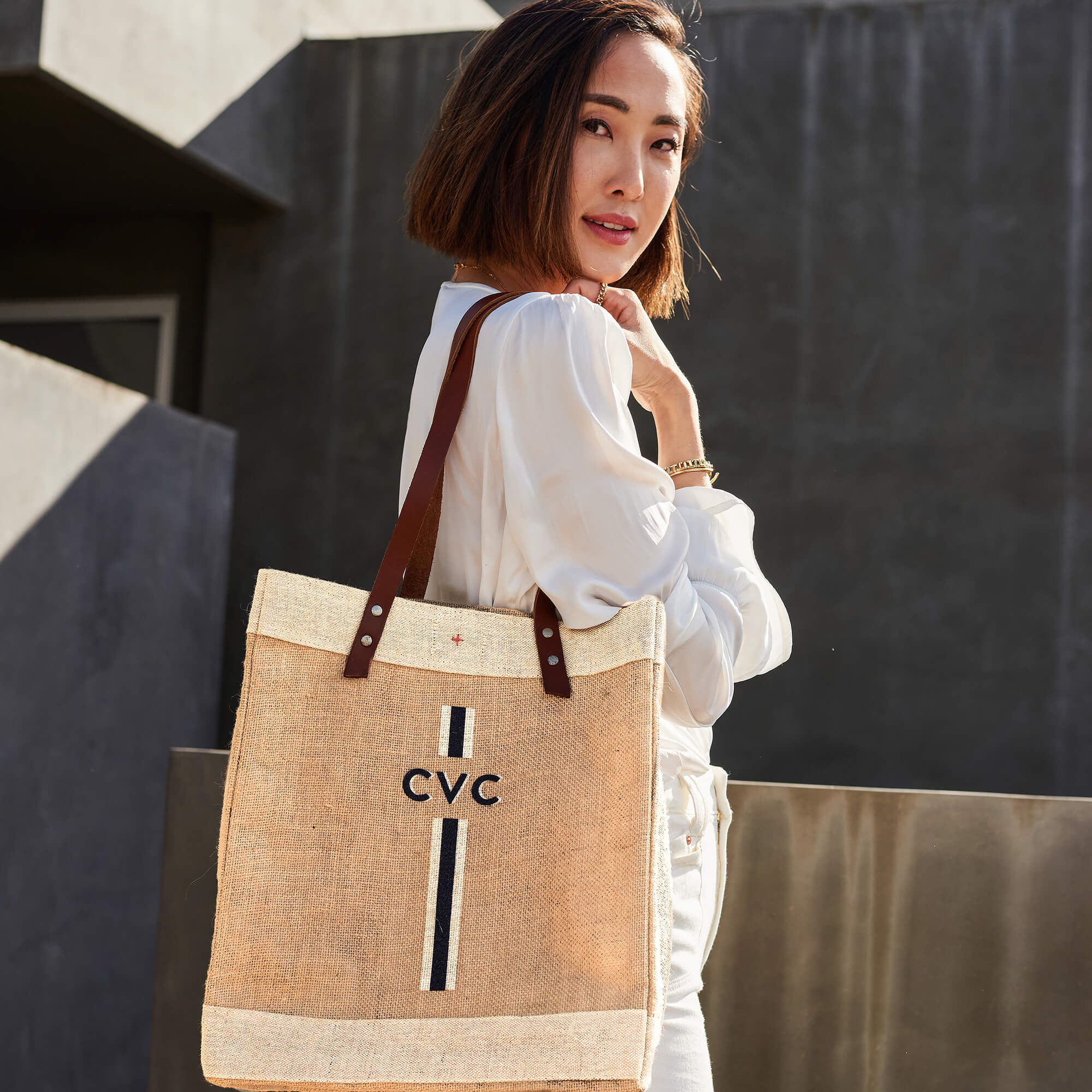 Market Tote in Natural with Black Monogram - Image 9