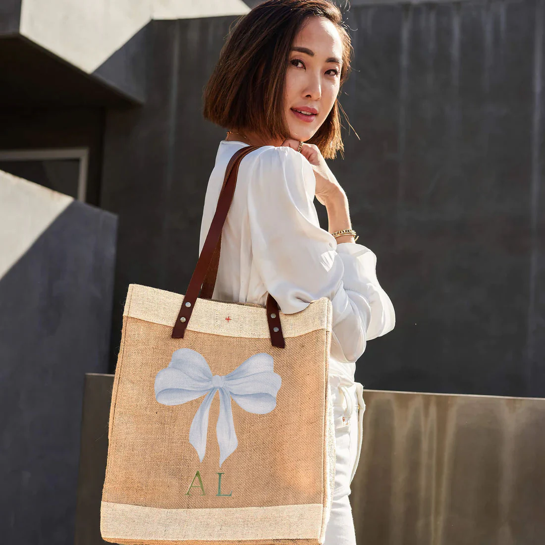 Market Tote in Natural with Powder Blue Bow by Amy Logsdon - Image 3