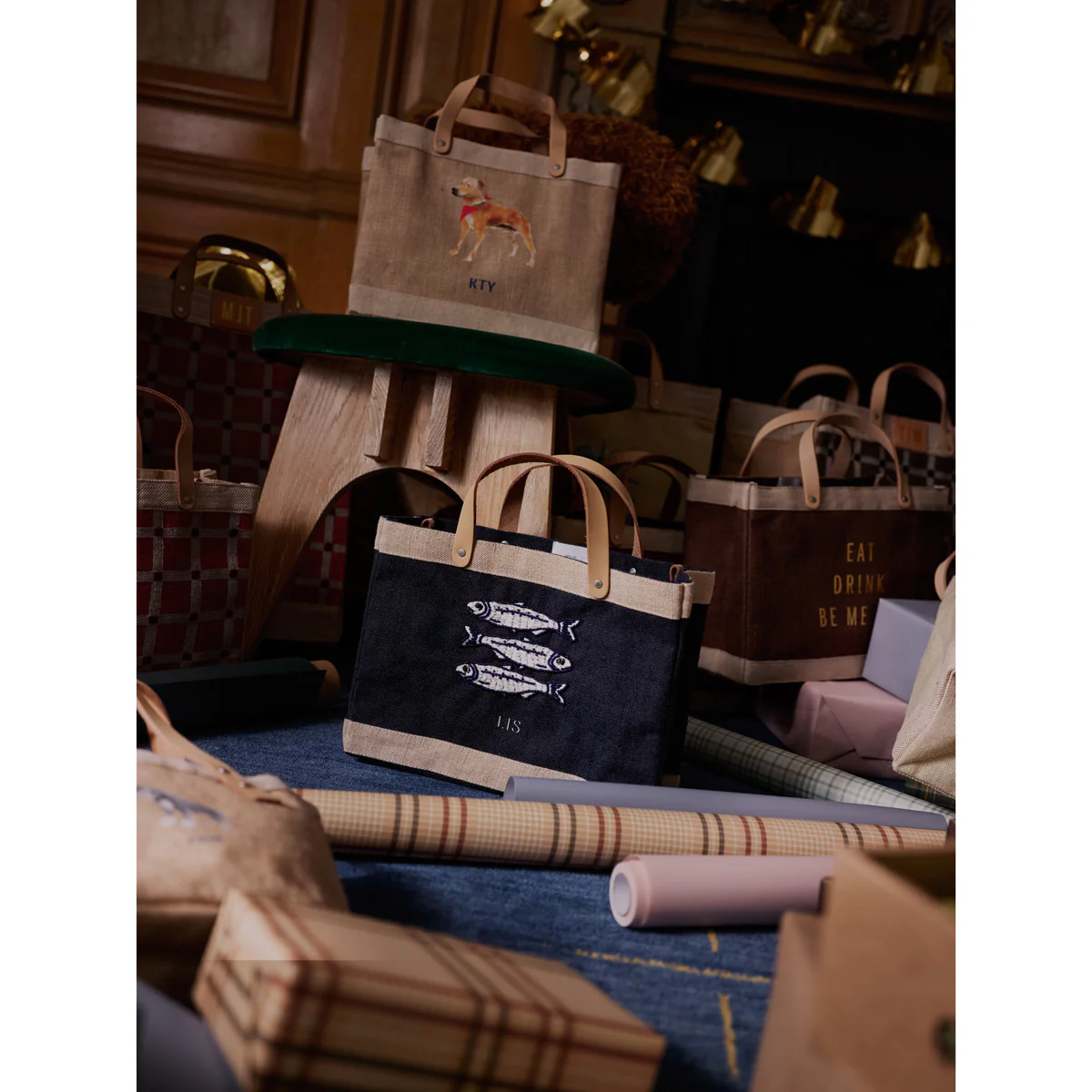 Petite Market Bag in Navy with Beaded Sardines - Image 3